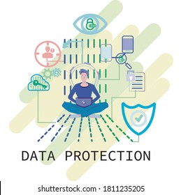 Flat design concept for Banner about data protection, personal information. Template for your poster. Finance protection. Guy with laptop. Personal safety. IT industry. Modern technologies Online bann