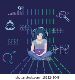 Flat design concept for Banner  data analysis, algorithms, information processing. Template for your poster. Strategy development. Woman with laptop. IT industry. Modern technologies Online banner.
