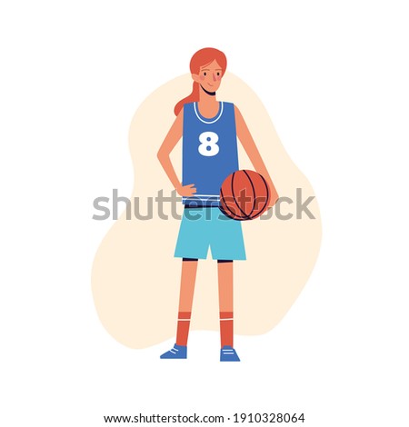 Flat design concept with beautiful girl with basketball ball. Woman basketball player. Vector illustration isolated on white background