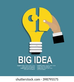 Flat design concept of Big Idea. Flat design for Website Element, Web Template, Creative team sitting at table and putting together puzzle pieces with light bulb picture,