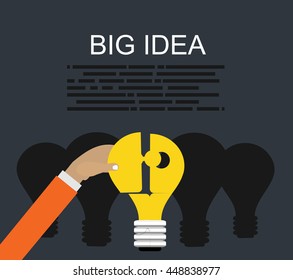 Flat design concept of Big Idea. Flat design for Website Element, Web Template, Creative team sitting at table and putting together puzzle pieces with light bulb picture,