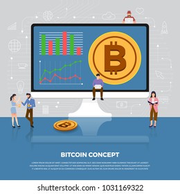 Flat design concept bitcoin cryptocurrency.  Group people development icon bitcoin and graph chart. Vector illustrate.