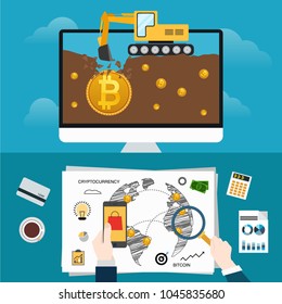 Flat design concept for bitcoin market. Web banner illustration of blockchain technology, bitcoin, cryptocurrency mining, finance, digital money market, cryptocoin wallet, stock exchange.