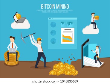 Flat design concept for bitcoin market. Web banner illustration of blockchain technology, bitcoin, cryptocurrency mining, finance, digital money market, cryptocoin wallet, stock exchange.