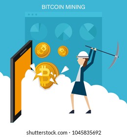 Flat design concept for bitcoin market. Web banner illustration of blockchain technology, bitcoin, cryptocurrency mining, finance, digital money market, cryptocoin wallet, stock exchange.