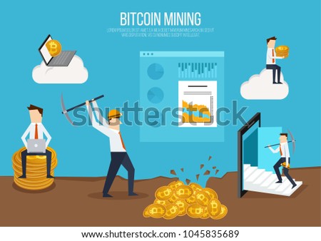 Flat design concept for bitcoin market. Web banner illustration of blockchain technology, bitcoin, cryptocurrency mining, finance, digital money market, cryptocoin wallet, stock exchange.