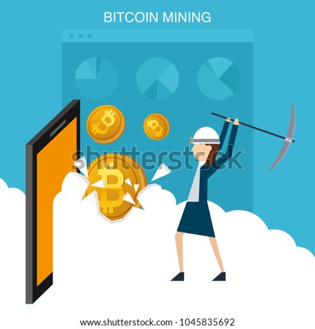 Flat design concept for bitcoin market. Web banner illustration of blockchain technology, bitcoin, cryptocurrency mining, finance, digital money market, cryptocoin wallet, stock exchange.