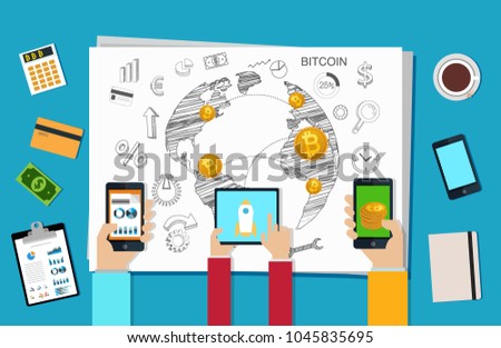 Flat design concept for bitcoin market. Web banner illustration of blockchain technology, bitcoin, cryptocurrency mining, finance, digital money market, cryptocoin wallet, stock exchange.