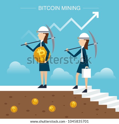 Flat design concept for bitcoin market. Web banner illustration of blockchain technology, bitcoin, cryptocurrency mining, finance, digital money market, cryptocoin wallet, stock exchange.