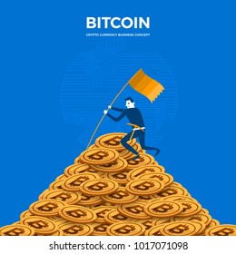 Flat design concept bitcoin mining success. The businessman stand on coin mountain. Vector illustrate.