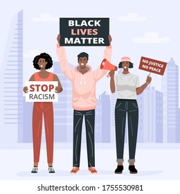 Flat design concept, Black Lives Matter protesters holding placards. Vector