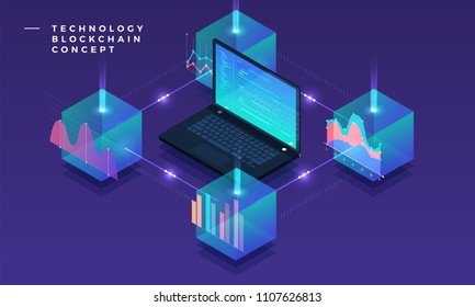 Flat design concept blockchain and cryptocurrency technology. Composition for layout design website banner. Isometric vector illustration.