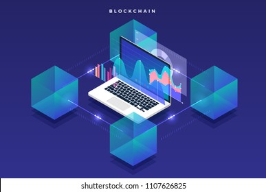 Flat design concept blockchain and cryptocurrency technology. Composition for layout design website banner. Isometric vector illustration.