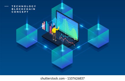 Flat design concept blockchain and cryptocurrency technology. Composition for layout design website banner. Isometric vector illustration.