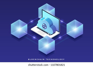 Flat design concept blockchain and cryptocurrency technology. Composition for layout design website banner. Isometric vector illustration.