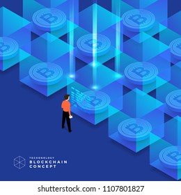 Flat design concept blockchain and cryptocurrency technology. Composition for layout design website banner. Isometric vector illustration.