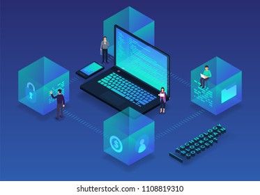 Flat design concept blockchain and cryptocurrency technology. Composition for layout design website banner. Isometric vector illustration.