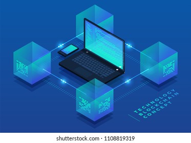 Flat design concept blockchain and cryptocurrency technology. Composition for layout design website banner. Isometric vector illustration.