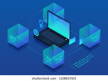 Flat design concept blockchain and cryptocurrency technology. Composition for layout design website banner. Isometric vector illustration.