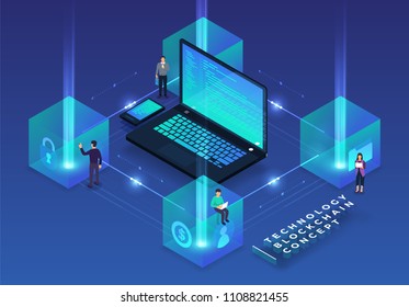 Flat design concept blockchain and cryptocurrency technology. Composition for layout design website banner. Isometric vector illustration.