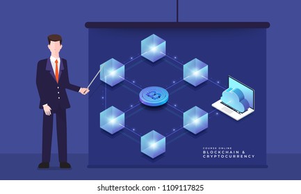 Flat design concept blockchain and cryptocurrency technology. Composition for layout design website banner. Isometric vector illustration.