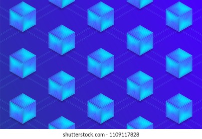 Flat design concept blockchain and cryptocurrency technology. Composition for layout design website banner. Isometric vector illustration.