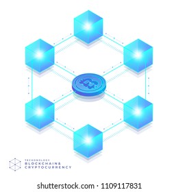 Flat design concept blockchain and cryptocurrency technology. Composition for layout design website banner. Isometric vector illustration.