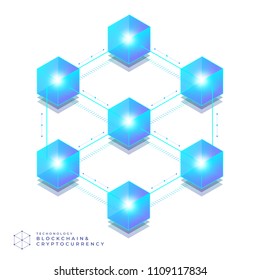 Flat design concept blockchain and cryptocurrency technology. Composition for layout design website banner. Isometric vector illustration.