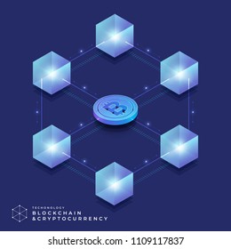 Flat Design Concept Blockchain And Cryptocurrency Technology. Composition For Layout Design Website Banner. Isometric Vector Illustration.