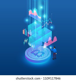 Flat design concept blockchain and cryptocurrency technology. Composition for layout design website banner. Isometric vector illustration.