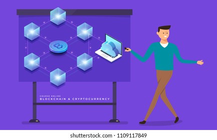 Flat design concept blockchain and cryptocurrency technology. Composition for layout design website banner. Isometric vector illustration.