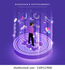 Flat design concept blockchain and cryptocurrency technology. Composition for layout design website banner. Isometric vector illustration.
