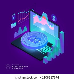 Flat design concept blockchain and cryptocurrency technology. Composition for layout design website banner. Isometric vector illustration.