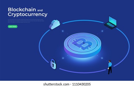 Flat design concept blockchain and cryptocurrency technology. Composition for layout design website banner. Isometric vector illustration.