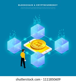 Flat design concept blockchain and cryptocurrency technology. Composition for layout design website banner. Isometric vector illustration.