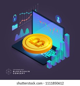 Flat design concept blockchain and cryptocurrency technology. Composition for layout design website banner. Isometric vector illustration.