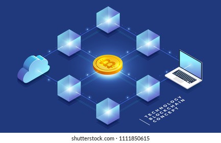 Flat Design Concept Blockchain And Cryptocurrency Technology. Composition For Layout Design Website Banner. Isometric Vector Illustration.