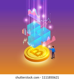 Flat design concept blockchain and cryptocurrency technology. Composition for layout design website banner. Isometric vector illustration.