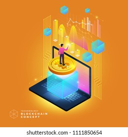 Flat design concept blockchain and cryptocurrency technology. Composition for layout design website banner. Isometric vector illustration.