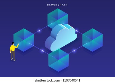 Flat design concept blockchain. security digital money. Vector illustrations. Isometric box and line.