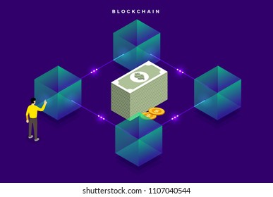 Flat design concept blockchain. security digital money. Vector illustrations. Isometric box and line.