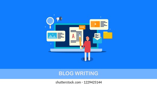 Diseño plano escritura de blog, creación de blog, publicación de contenido en banner vectorial web
