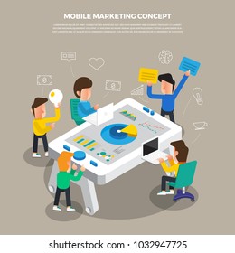 Flat design concept brainstorm working on desktop icon mobile digital marketing. Vector illustrate.
