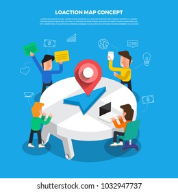 Flat design concept brainstorm working on desktop icon location map. Vector illustrate.
