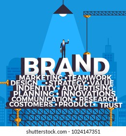 Flat design concept building brand construction with businessman on top as leader.Vector illustration.