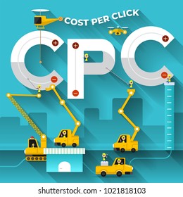 Flat design concept building text "CPC ( cost per click )". Vector illustrator.