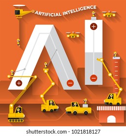 Flat design concept building text "AI ( artificial intelligence )". Vector illustrator.