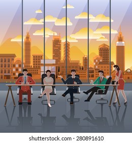 Flat design concept business action on background window city sunset. Vector Illustrate.