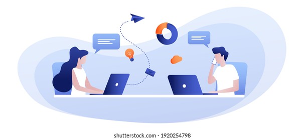 Diseño plano de análisis de negocios, hombre y mujer trabajando juntos en análisis. Ilustración vectorial para el banner del sitio web. El concepto de publicidad online, promoción. Ilustración bursátil de isola