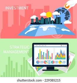 Flat design concept of business analytics, planning, strategic management and finance, investment